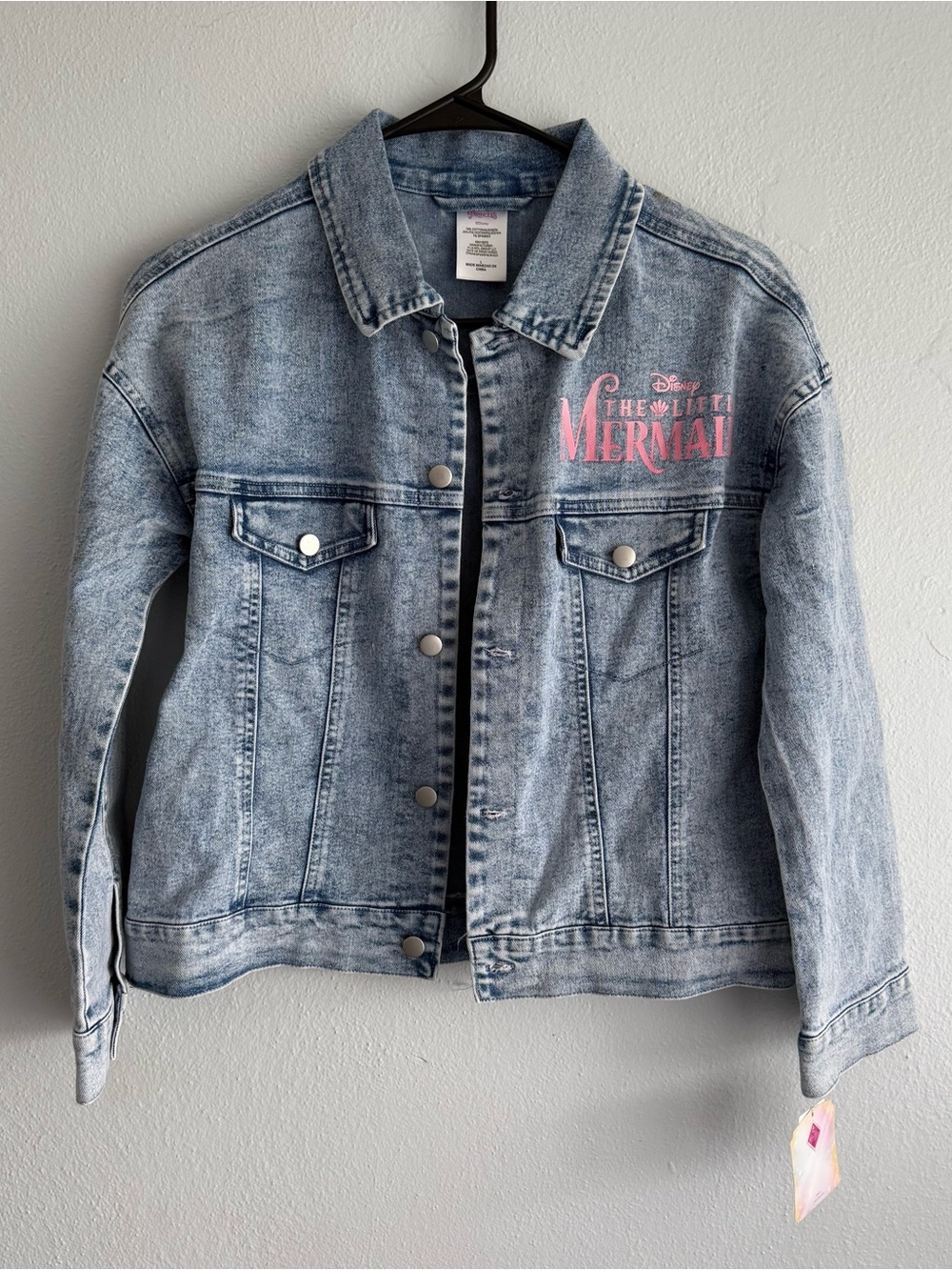 Disney Light Wash Denim Jacket with Pink 'The Little Mermaid' Logo - Size Large